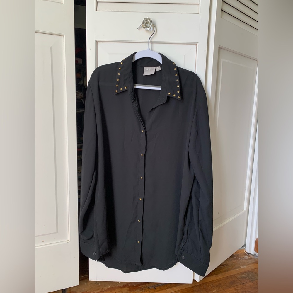 Black semi sheer button up top with tiny star stud details